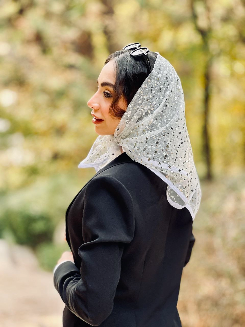 مینی اسکارف دخترانه،زنانه توری سفید طرح ستاره مزونی