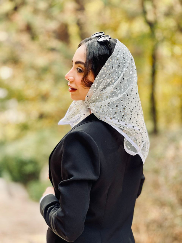 مینی اسکارف دخترانه،زنانه توری سفید طرح ستاره مزونی