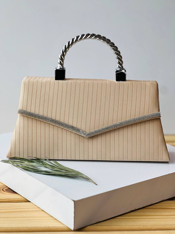 کیف مجلسی زنانه،دخترانه کرم رنگ دسته فلزی نگینی کیفیت تضمینی