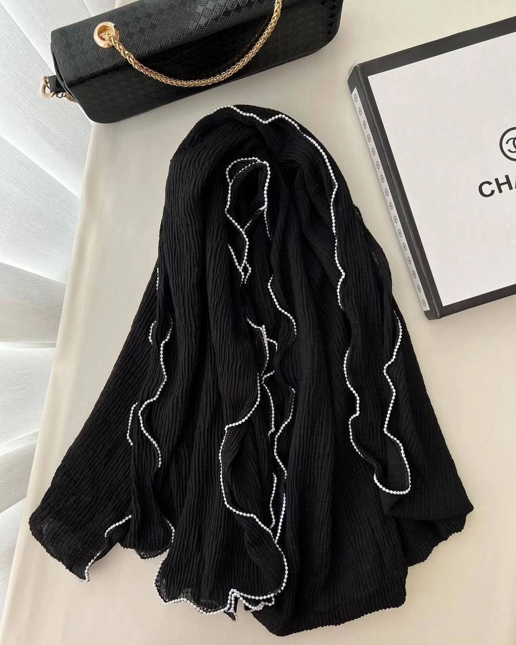 کالکشن عیدانه شال شیک پلیسه مشکی شاین مرواریدی جنس نخی وارداتی بصورت تک و عمده قیمت عالی