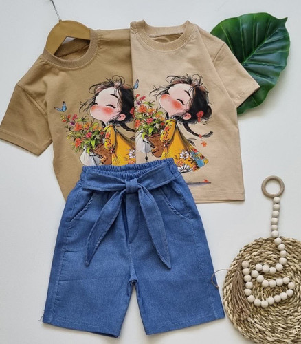 ست کراپ شلوارک دخترانه طرح دخترک جنس کراپ نخ پنبه جنس شلوارک لی پنبه ای درجه یک رنگبندی کرم و نسکافه ای قیمت منصفانه خرید از تولیدی