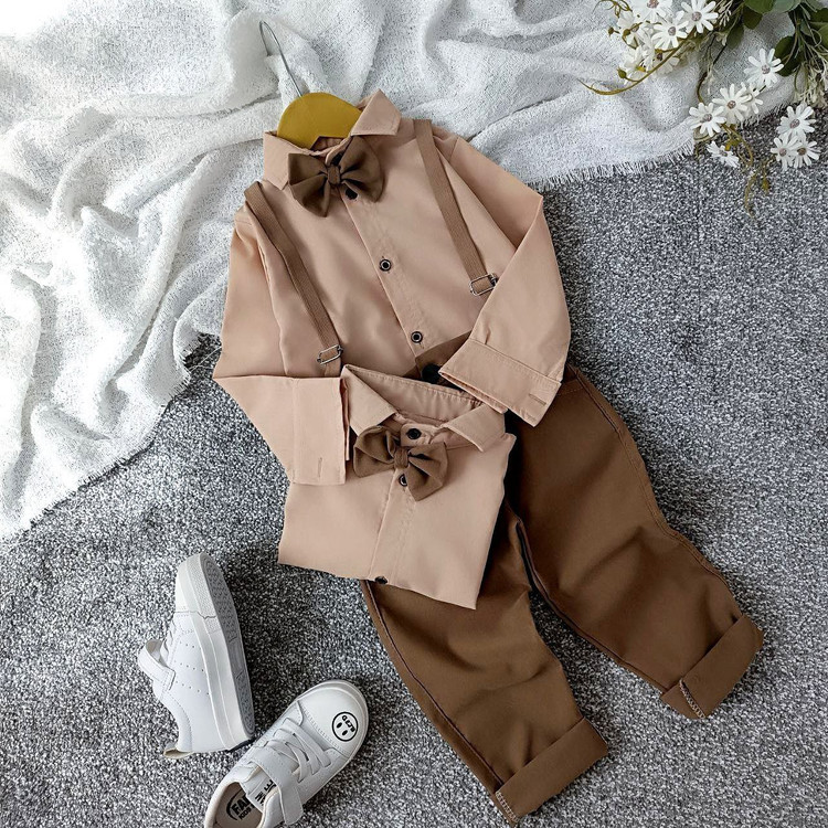 ست مجلسی چهارتیکه پسرانه (پیراهن،شلوار،پاپیون،ساسبند) جنس پیراهن دوشین جنس شلوار کتان بنگال کشسانی دارد