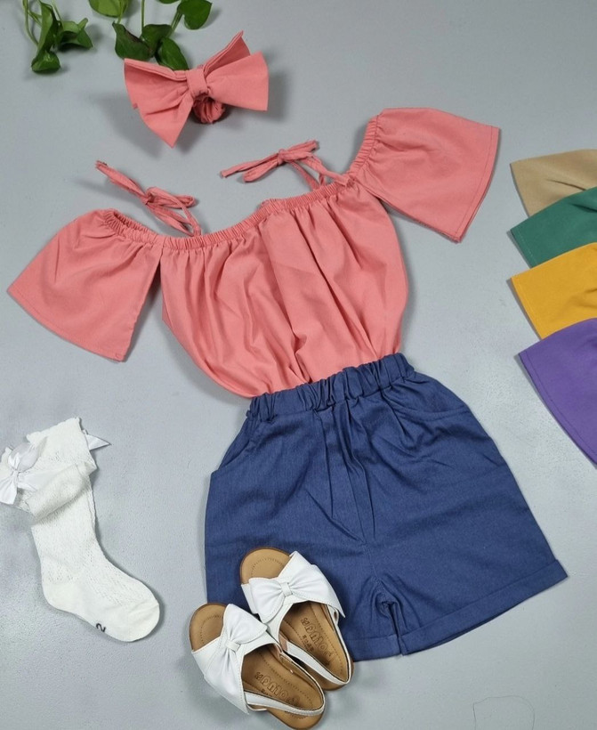 ست سه تیکه دخترانه شومیز ،شلوارک و تل جنس پیراهن و شلوارک تنسل مناسب ۲ الی ۸ سال قیمت منصفانه