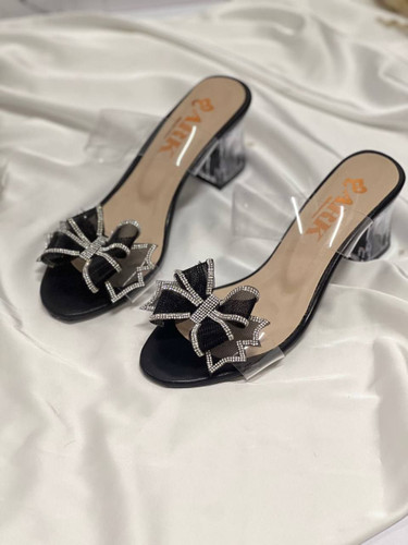 صندل مجلسی زنانه/دخترانه مدل party پاشنه ۵ سانت شیشه ای مدل sis پاپیون نگین کاری شده کیفیت عالی قیمت منصفانه