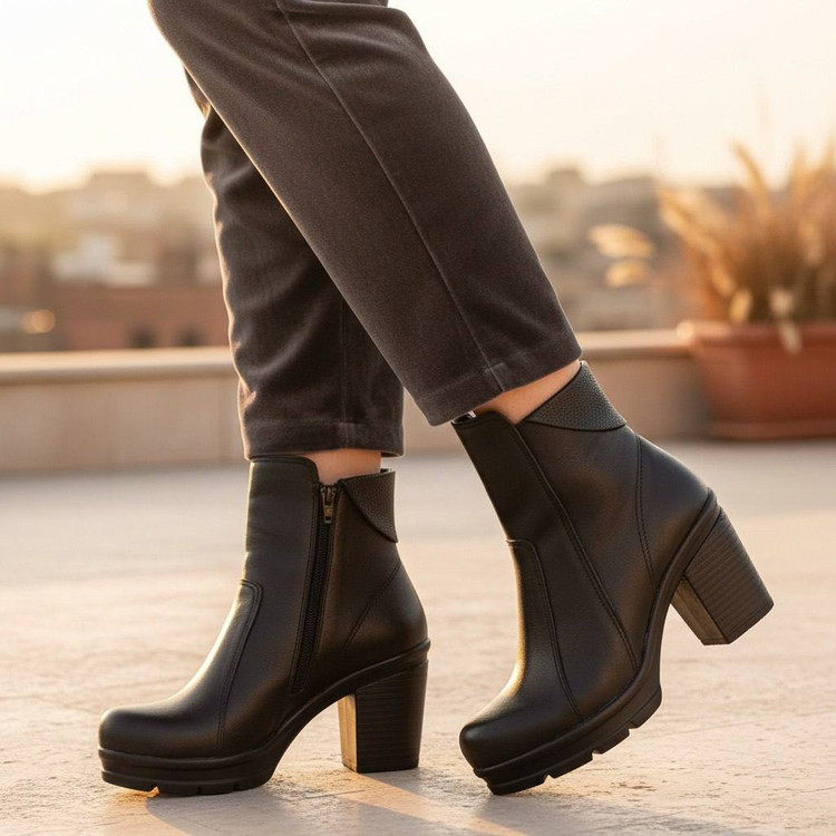 نیم بوت زنانه/دخترانه مدل یقه دار رویه چرم و شرانک زیره پی یو طبی و راحت شیک و خوشپا