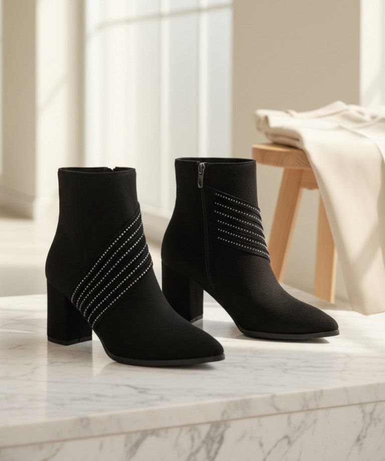 نیم بوت مجلسی زنانه/دخترانه مدل Doris رویه کار میکروسوییت ترک آستر کبریتی ضد آب زیره یخ شکن طراحی روز ژورنال ترک شیک و راحت