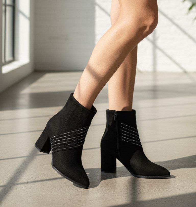 نیم بوت مجلسی زنانه/دخترانه مدل Doris رویه کار میکروسوییت ترک آستر کبریتی ضد آب زیره یخ شکن طراحی روز ژورنال ترک شیک و راحت