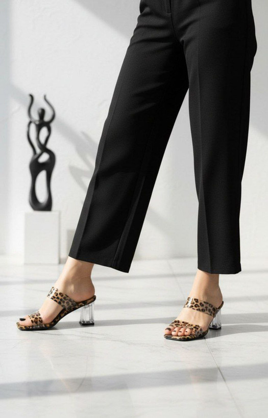 صندل زنانه/دخترانه مدل Ava پاشنه شیشه ای 5 سانت مدل طلقی پلنگی خاص ترین جنس بازار سایزبندی 37 تا 40